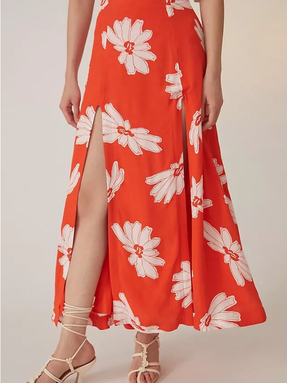 Anthropologie Orange Maxi Skirt with White Floral Print and Front Slit